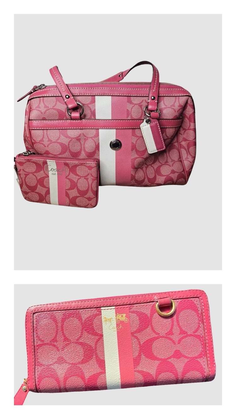 Coach Heritage Stripe Pink Monogram Satchel Bag, Wallet, and Wristlet 3-Piece Se